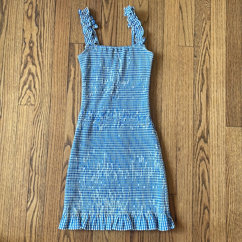 Gianni Bini Blue Gingham Smocked Mini Dress XS Ruffle Strap Cottagecore Summer